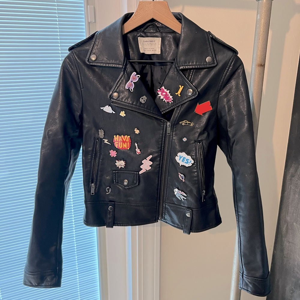 Zara Faux Leather Biker Jacket with Fun Pins